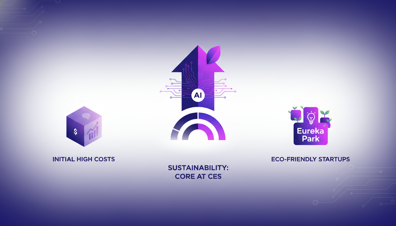 Modern illustration of sustainability and environmental innovations at CES, featuring geometric shapes and violet gradients.