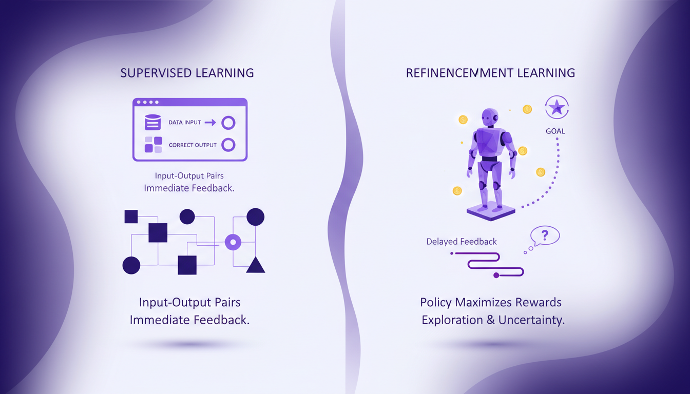 Modern illustration of reinforcement vs supervised learning, featuring geometric shapes and indigo and violet gradients.