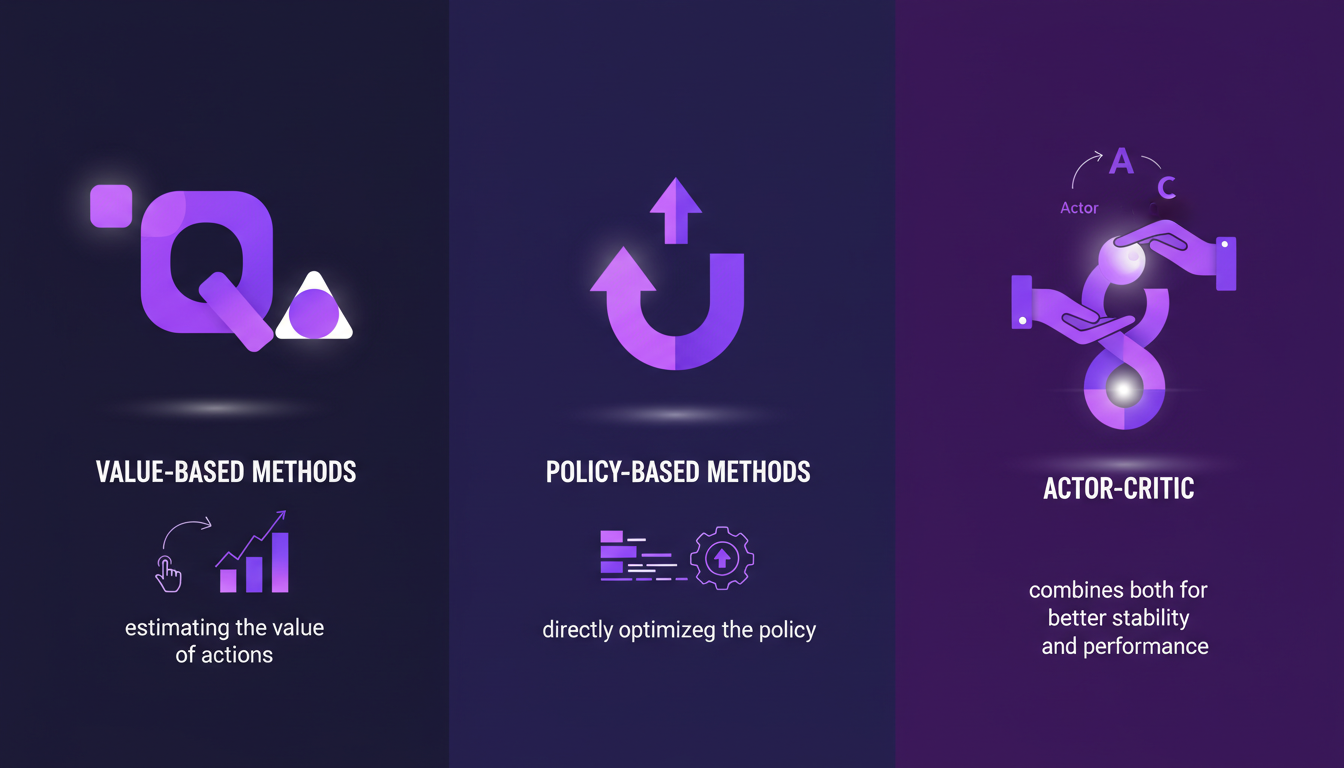 Modern illustration of value-based vs policy-based AI methods with geometric shapes and indigo, violet gradients, representing Q-learning and REINFORCE.