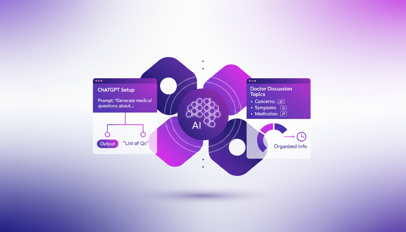 Illustration moderne montrant l'utilisation de ChatGPT pour préparer des consultations médicales, avec des formes géométriques et des dégradés.