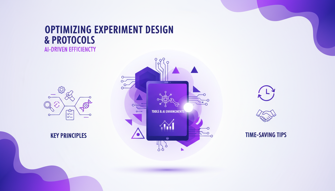 Illustration moderne minimaliste sur l'optimisation des protocoles expérimentaux, avec formes géométriques et dégradés indigo et violet.