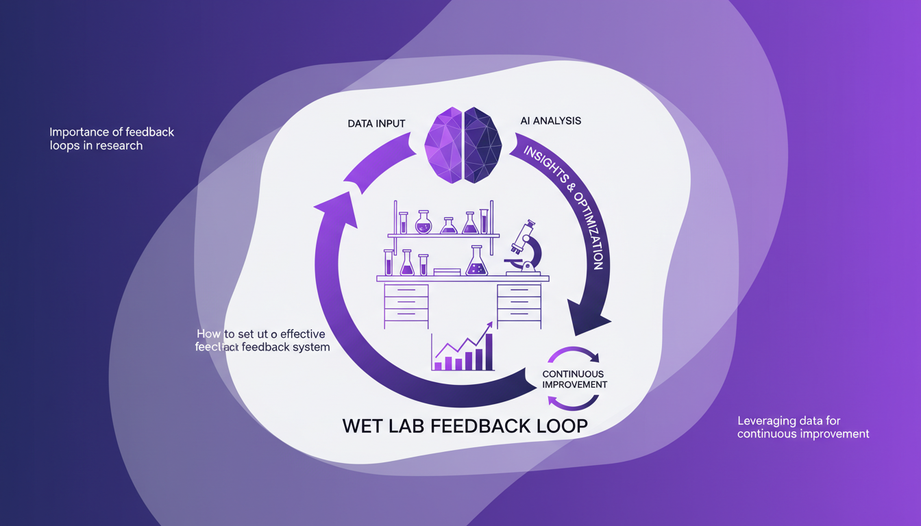 Illustration moderne d'un laboratoire humide avec boucles de rétroaction, formes géométriques et dégradés violets, pour améliorer la recherche.