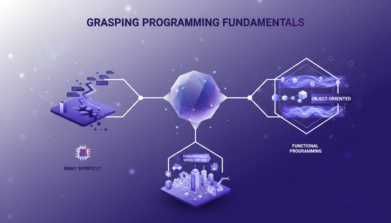Modern illustration of grasping programming fundamentals with geometric shapes and indigo-violet gradients, highlighting core concepts.