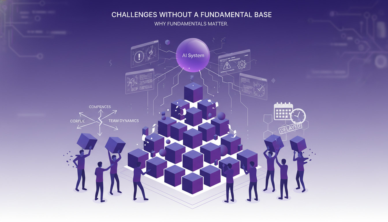 Modern illustration of challenges without a fundamental base, highlighting impacts on team dynamics and code change evaluations.