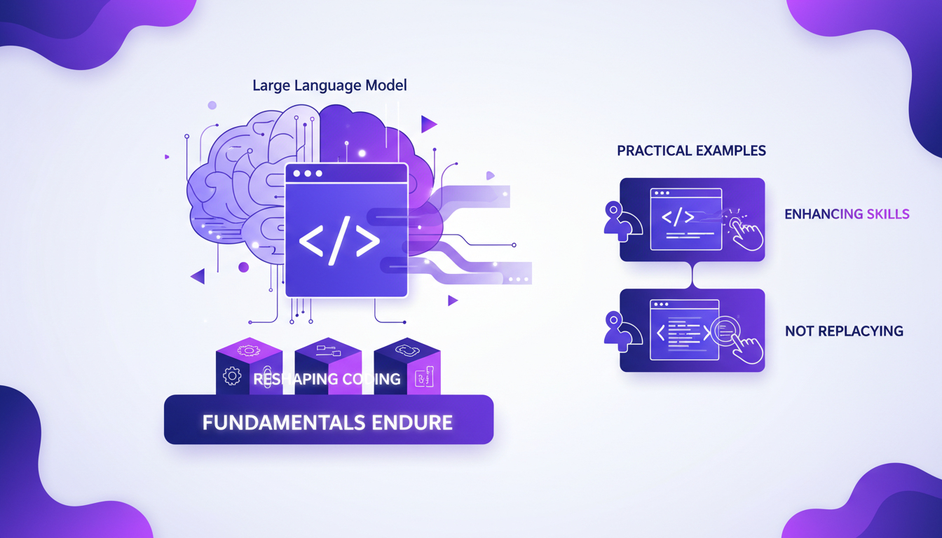 Modern illustration of large language models' impact on coding practices, featuring geometric shapes and violet gradients, highlighting AI technology.