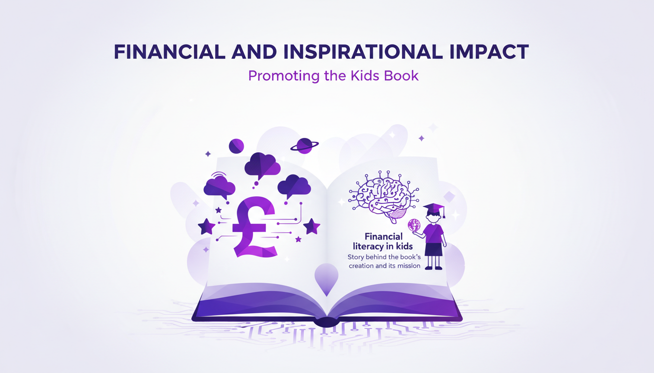 Modern minimalist illustration of a children's book on financial and inspirational impact, featuring geometric shapes and gradient overlays.