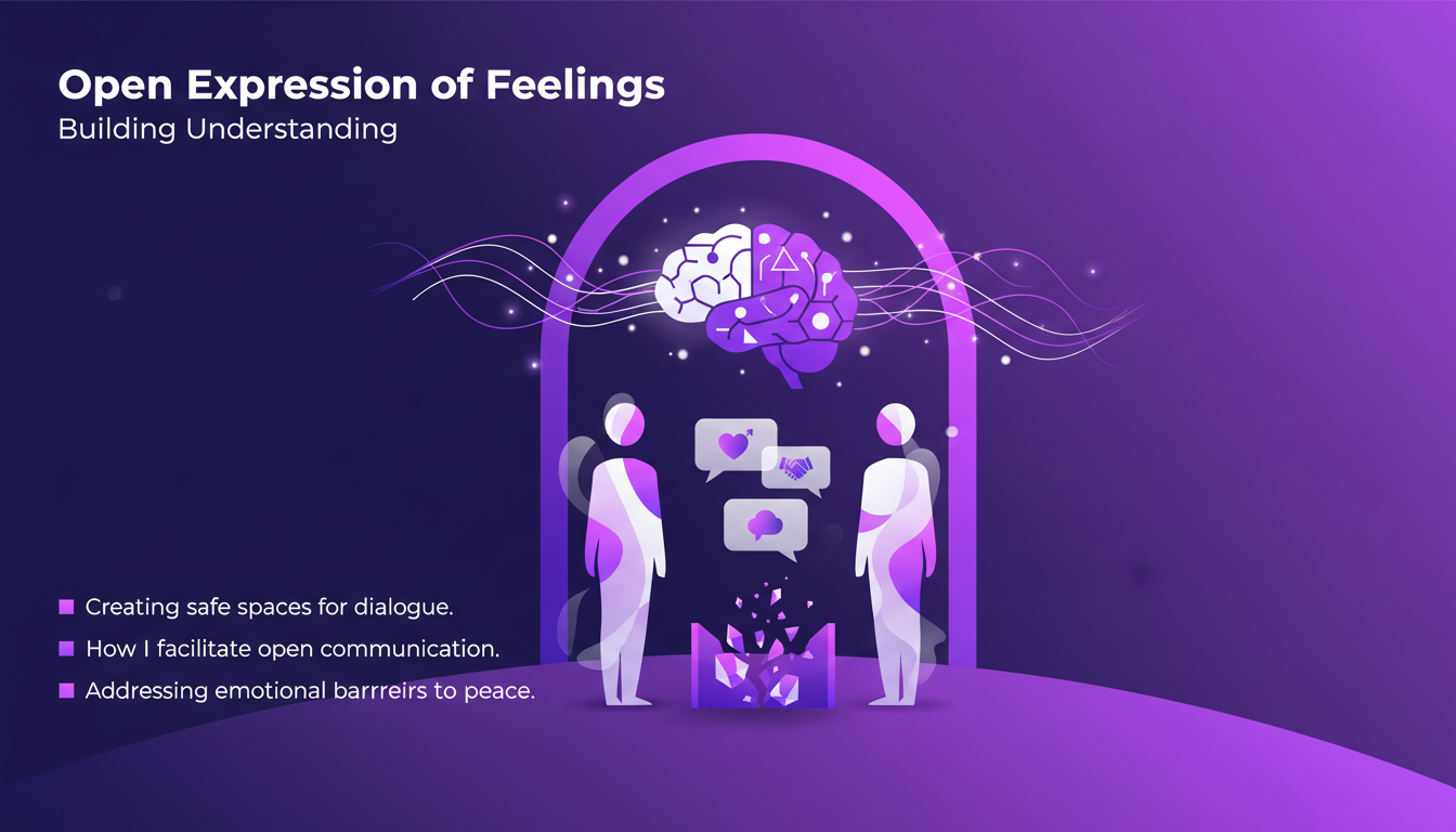 Illustration moderne de l'expression ouverte des sentiments, avec des formes géométriques et des dégradés violets, symbolisant la communication.