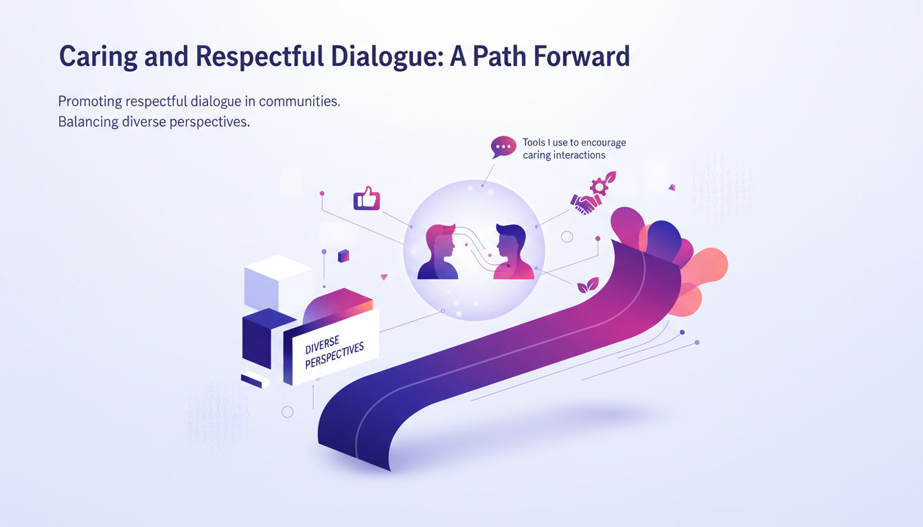 Illustration moderne de dialogue respectueux, utilisant des formes géométriques et dégradés, symbolisant l'innovation et l'équilibre des perspectives.