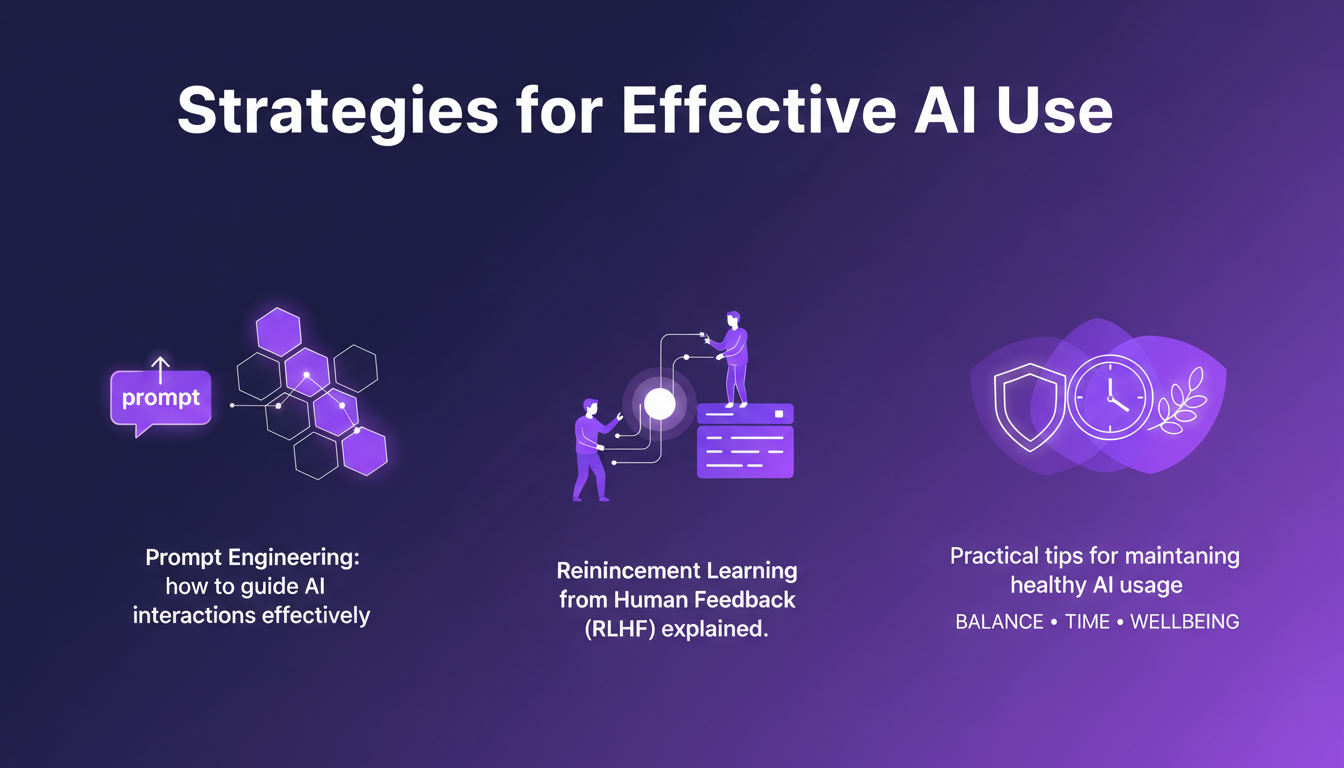 Illustration moderne de l'utilisation efficace de l'IA avec formes géométriques, mettant en avant l'ingénierie des invites et l'apprentissage par renforcement.