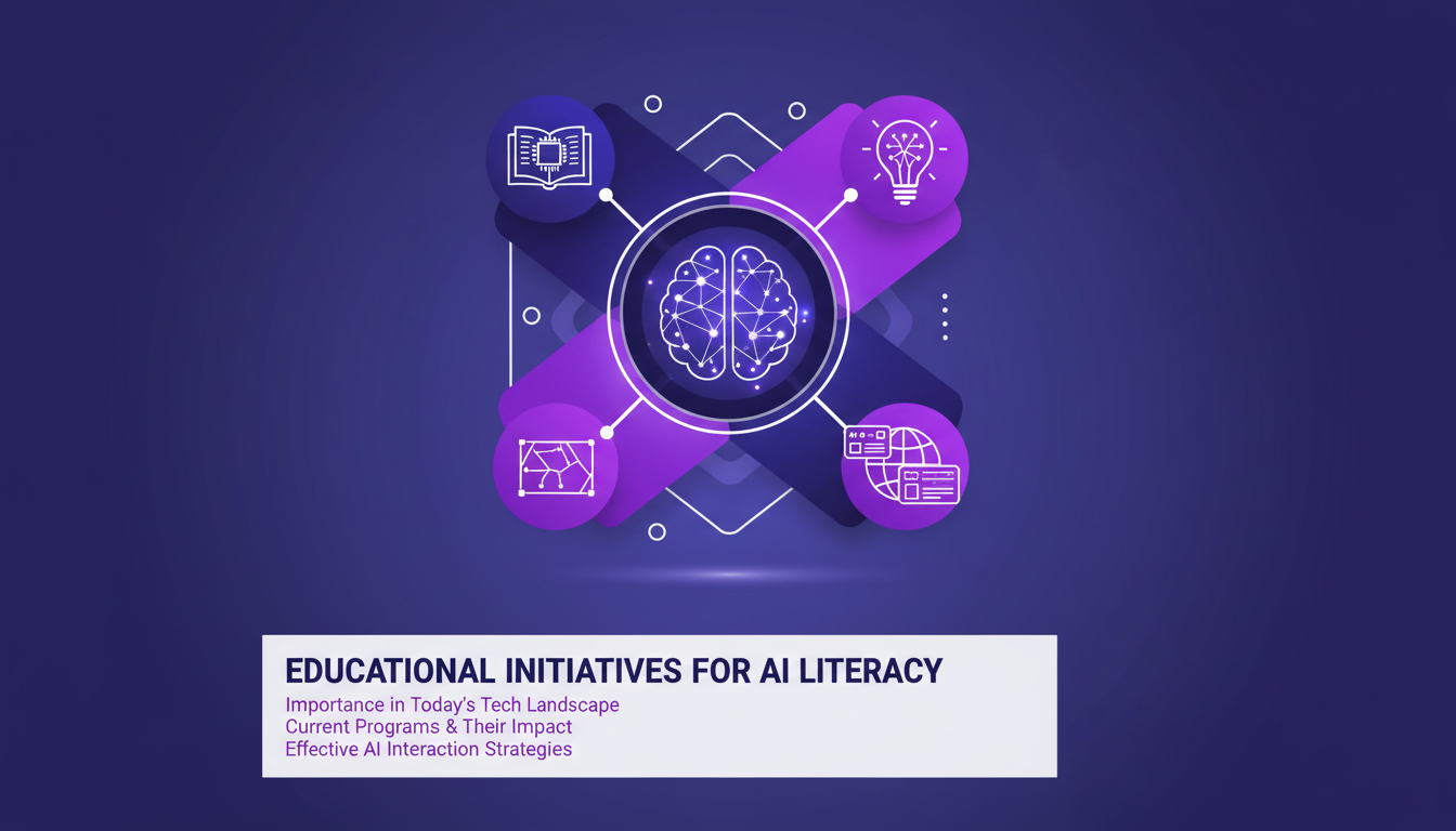 Illustration moderne et minimaliste sur l'importance de l'alphabétisation en IA, avec des formes géométriques et des dégradés violets.