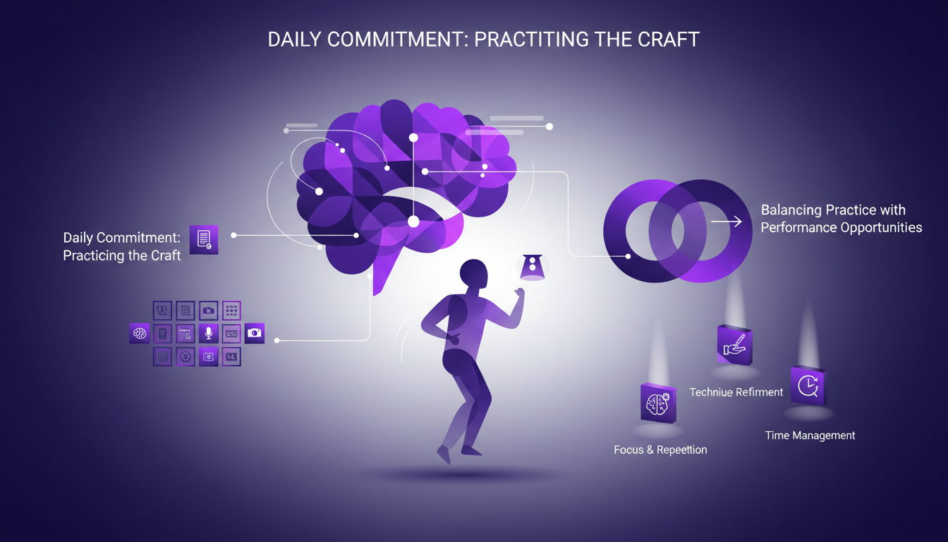 Modern minimalist illustration of an actor daily practicing their craft, using innovative techniques in indigo and violet hues.