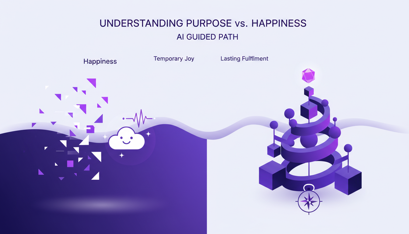 Modern minimalist illustration depicting the contrast between temporary happiness and lasting purpose, using geometric shapes and violet gradients.