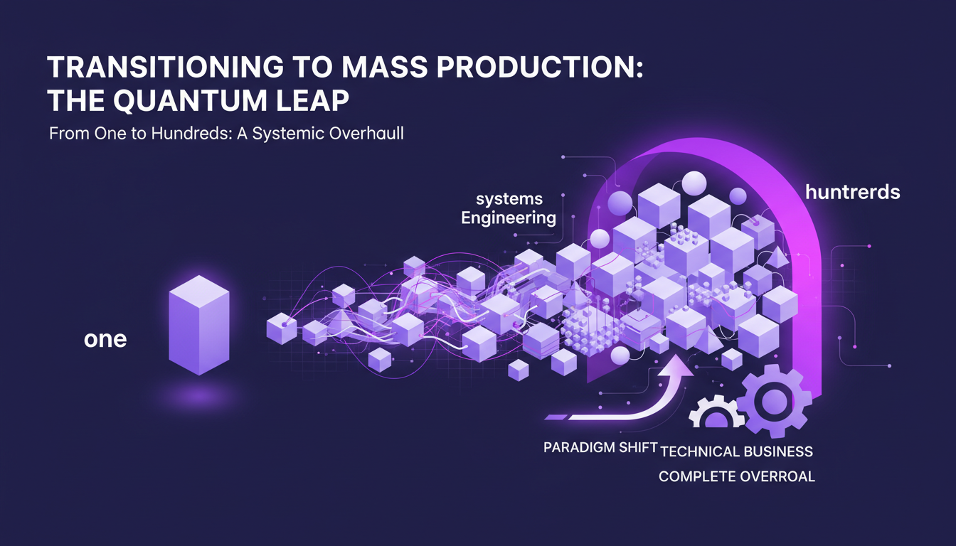 Modern illustration of transitioning to mass production, highlighting systems engineering and AI technology innovation.