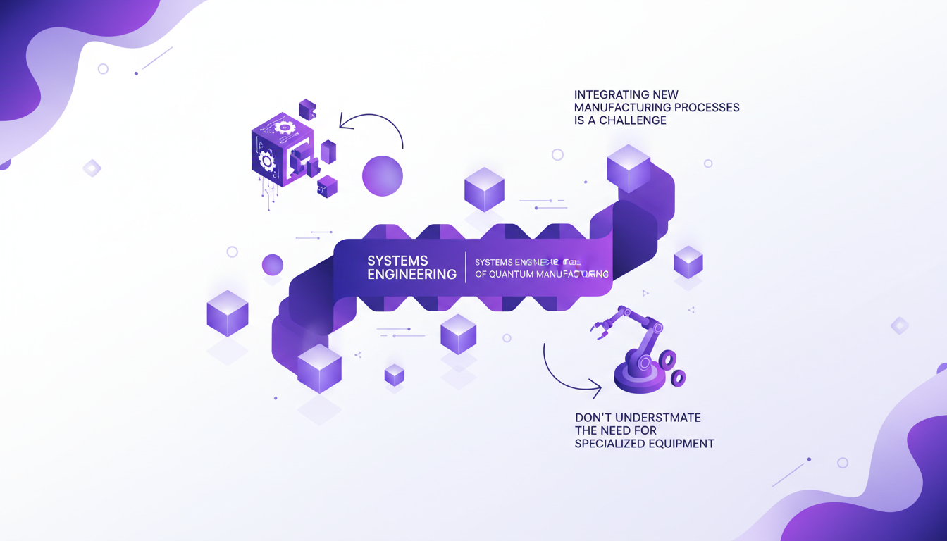 Modern illustration of systems engineering in quantum manufacturing, process integration, specialized equipment, violet palette.