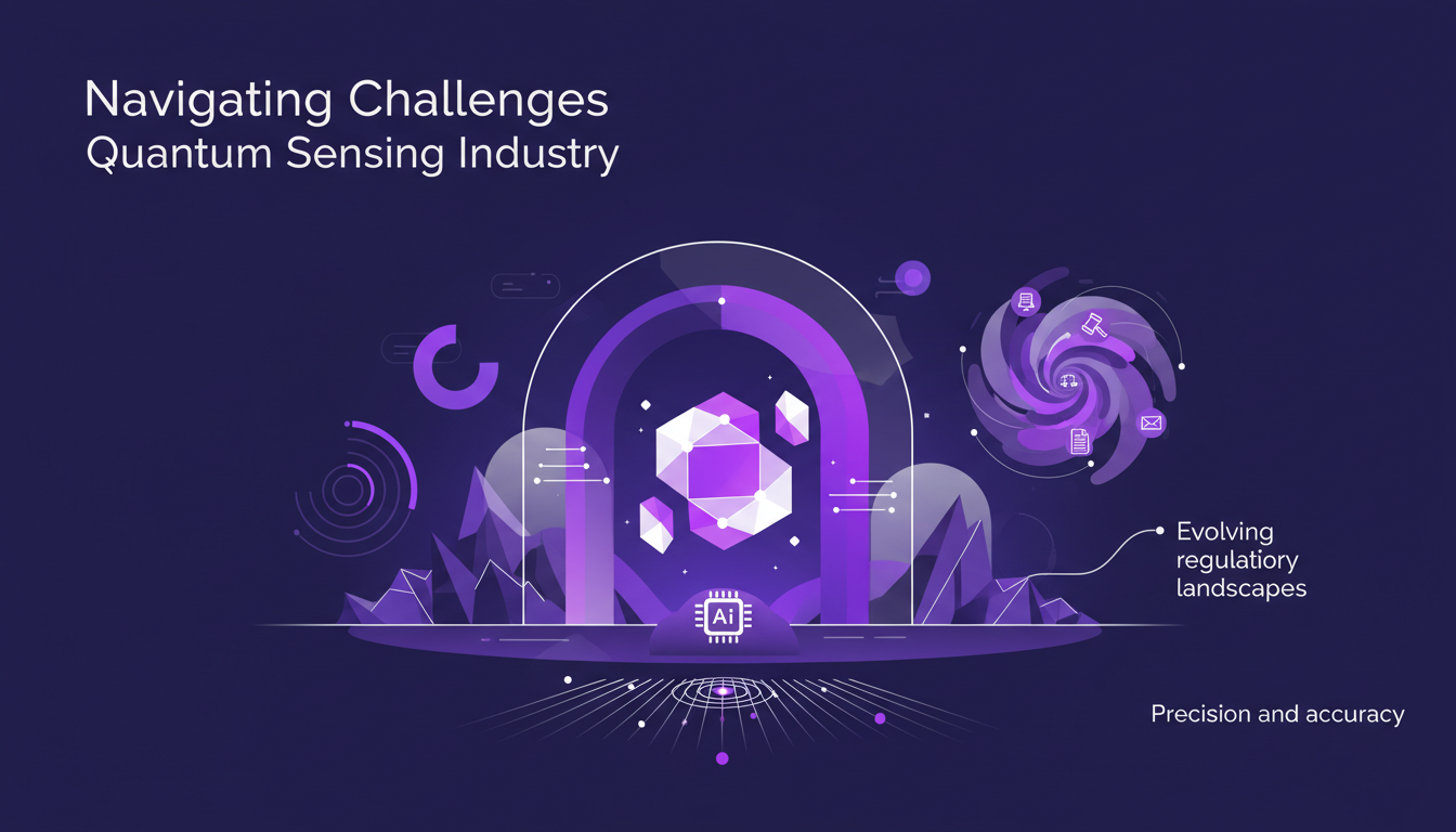 Modern illustration of challenges in the quantum sensing industry, featuring geometric shapes and indigo-violet gradients.