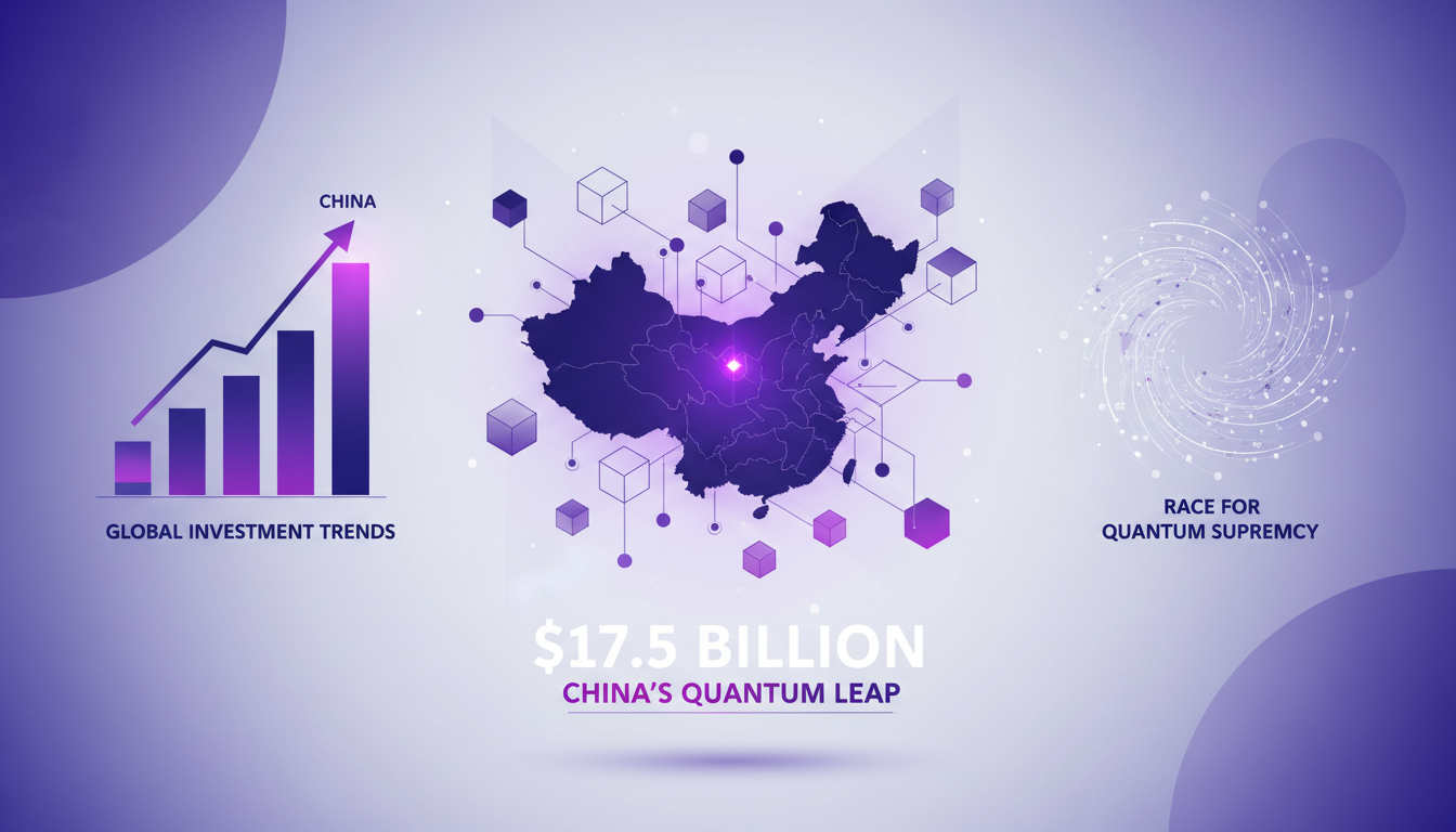 Modern illustration depicting China's $17.5 billion investment in quantum teleportation, featuring geometric shapes and gradient overlays.