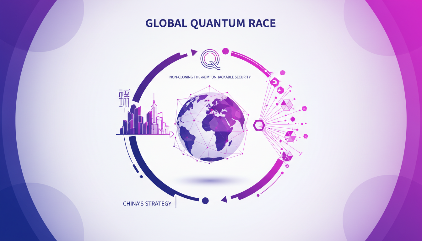Modern illustration of the future of quantum internet, highlighting global competition and China's strategic positioning.