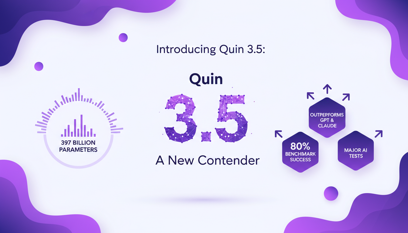 Modern illustration of Quin 3.5, an AI model with 397 billion parameters, outperforming GPT and Claude in key benchmarks.