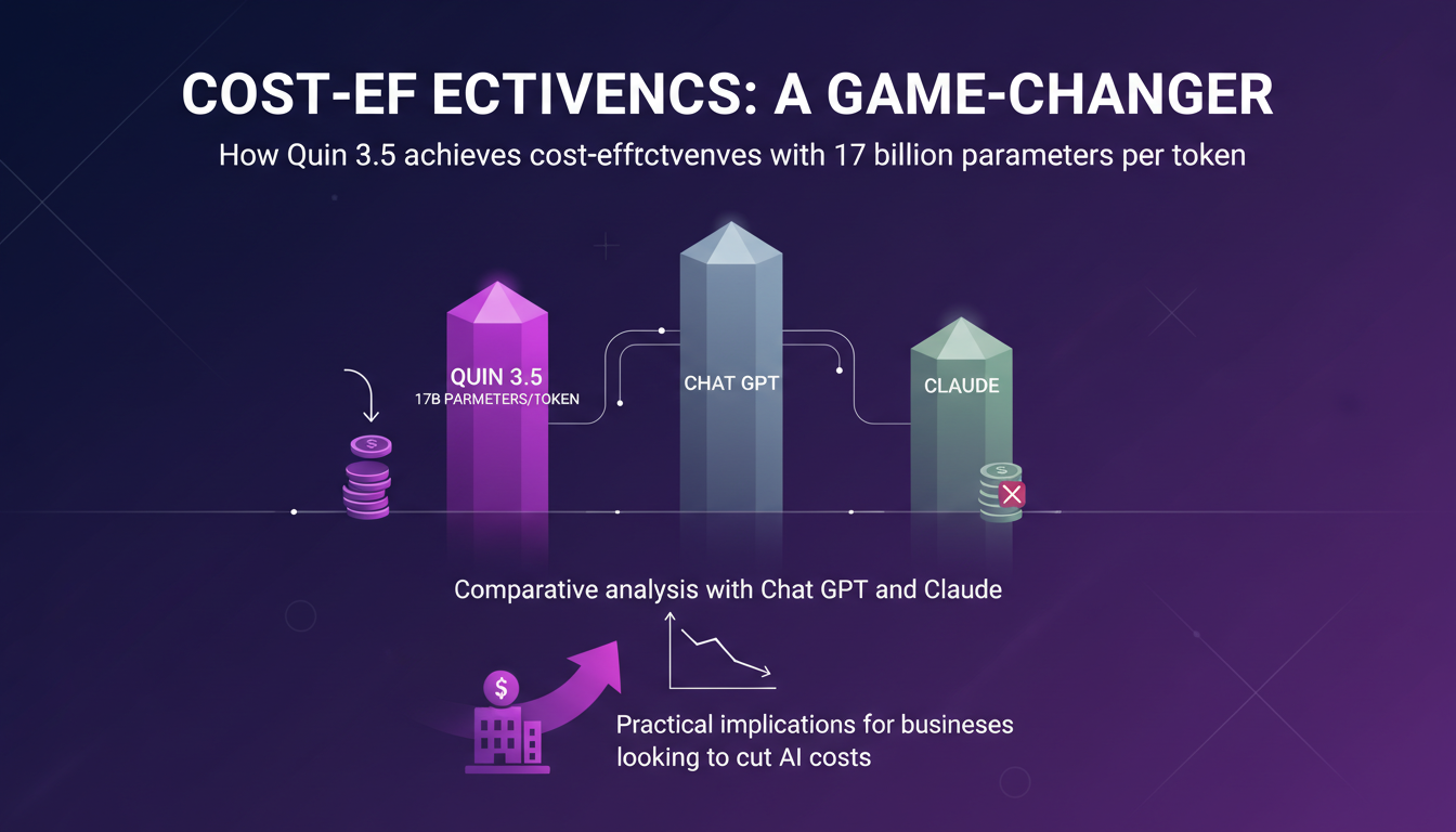 Modern illustration on cost-effectiveness of Quin 3.5 with 17 billion parameters, compared to Chat GPT and Claude.
