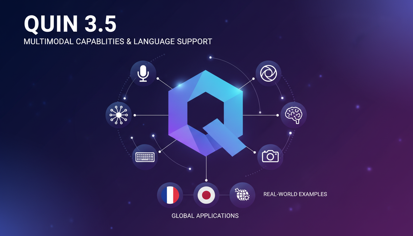 Modern illustration of multimodal capabilities and language support in AI, featuring geometric shapes and indigo-violet gradients.