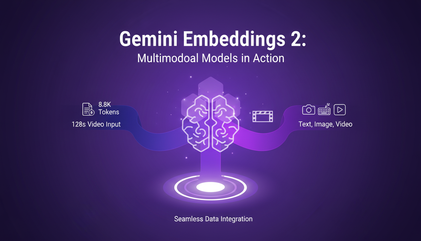 Modern illustration of Gemini Embeddings 2 integrating text, image, and video, featuring geometric shapes and indigo-violet gradients.