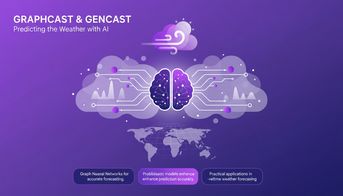 Modern illustration of Graphcast and Gencast using neural networks for AI weather forecasting, in indigo and violet hues.