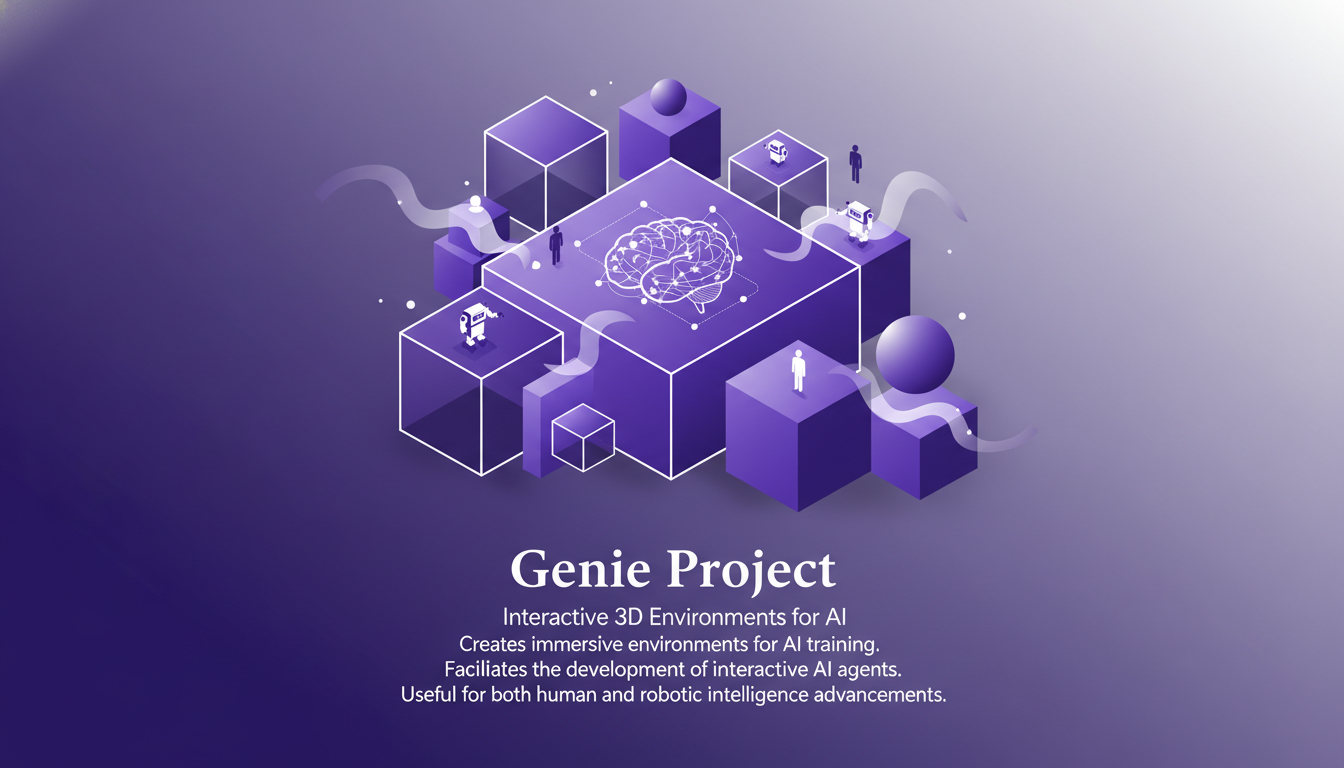 Modern illustration of Genie Project: Interactive 3D Environments for AI, featuring geometric shapes and indigo-violet gradients.