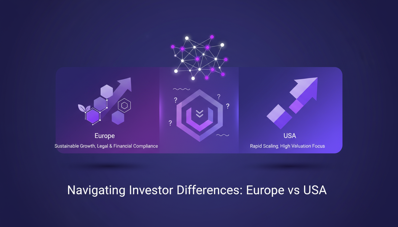 Modern illustration of Europe vs USA investment differences, highlighting sustainable growth and technological innovation.