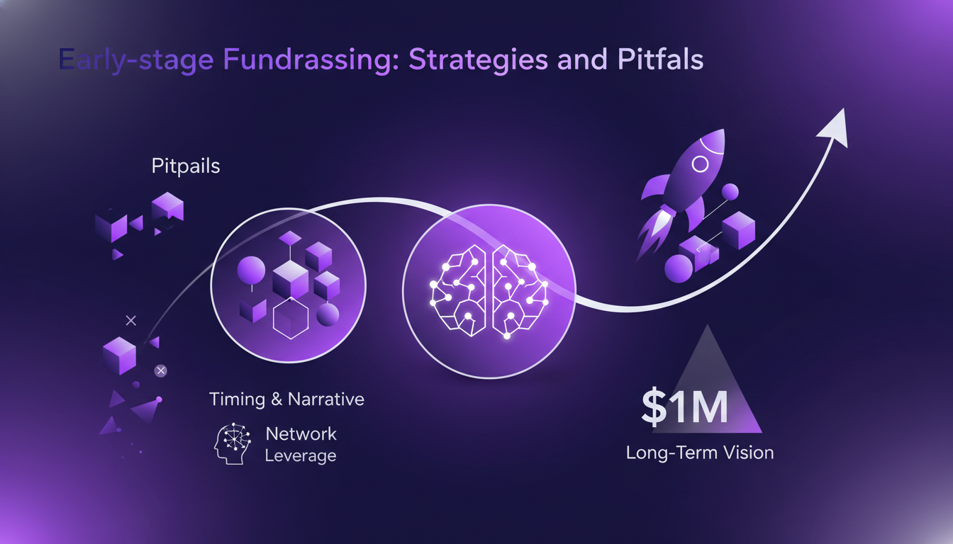 Modern illustration of early-stage fundraising: strategies and pitfalls, featuring geometric shapes and violet gradients.