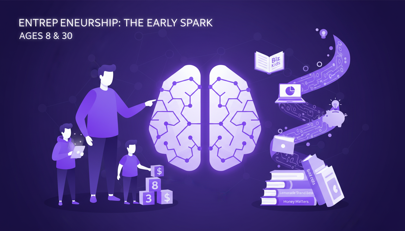 Illustration moderne sur l'introduction précoce à l'entrepreneuriat avec des concepts commerciaux pour enfants, utilisant des livres adaptés.