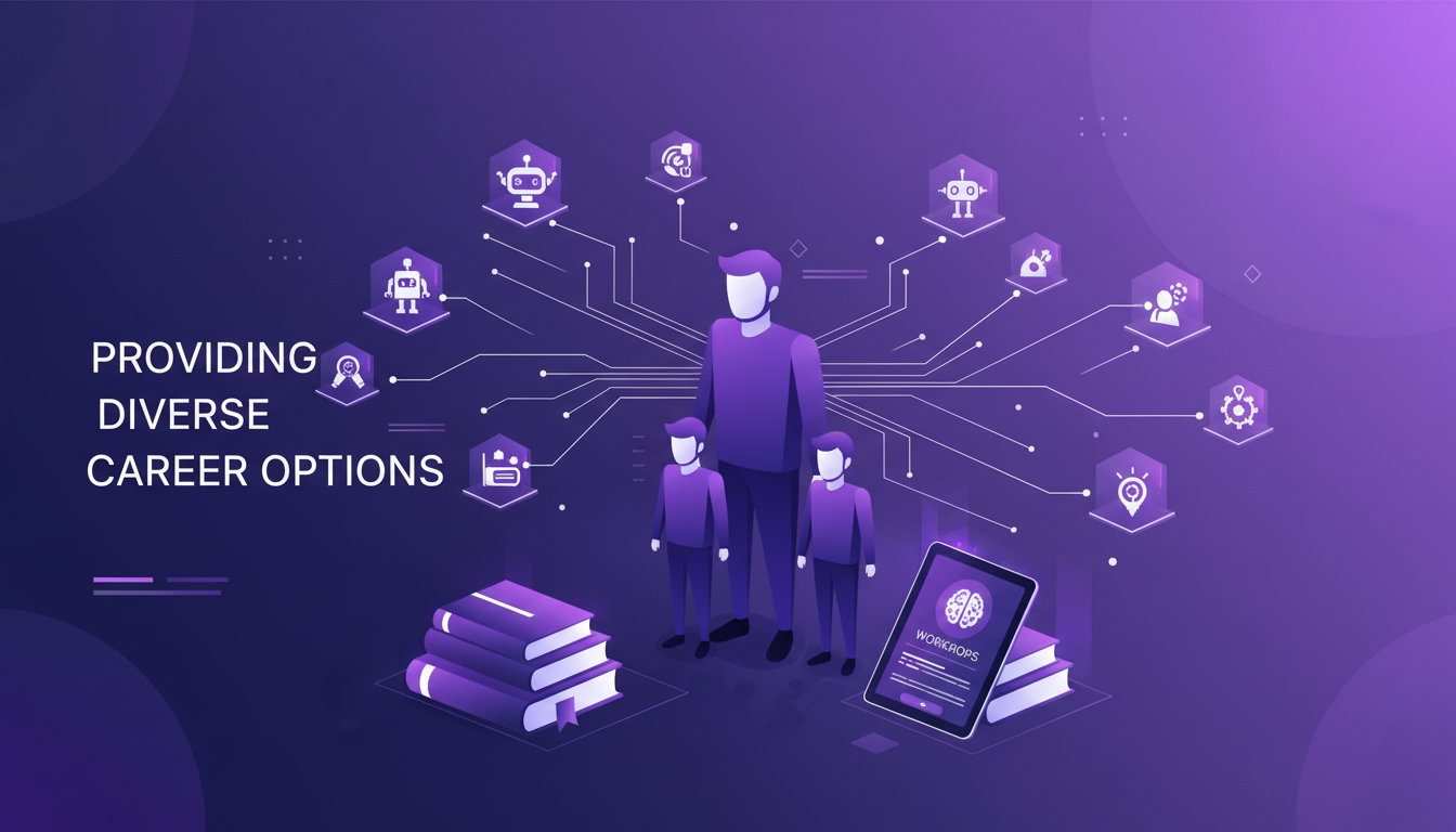 Illustration moderne montrant des options de carrière diverses avec des livres éducatifs, ateliers et technologie AI.