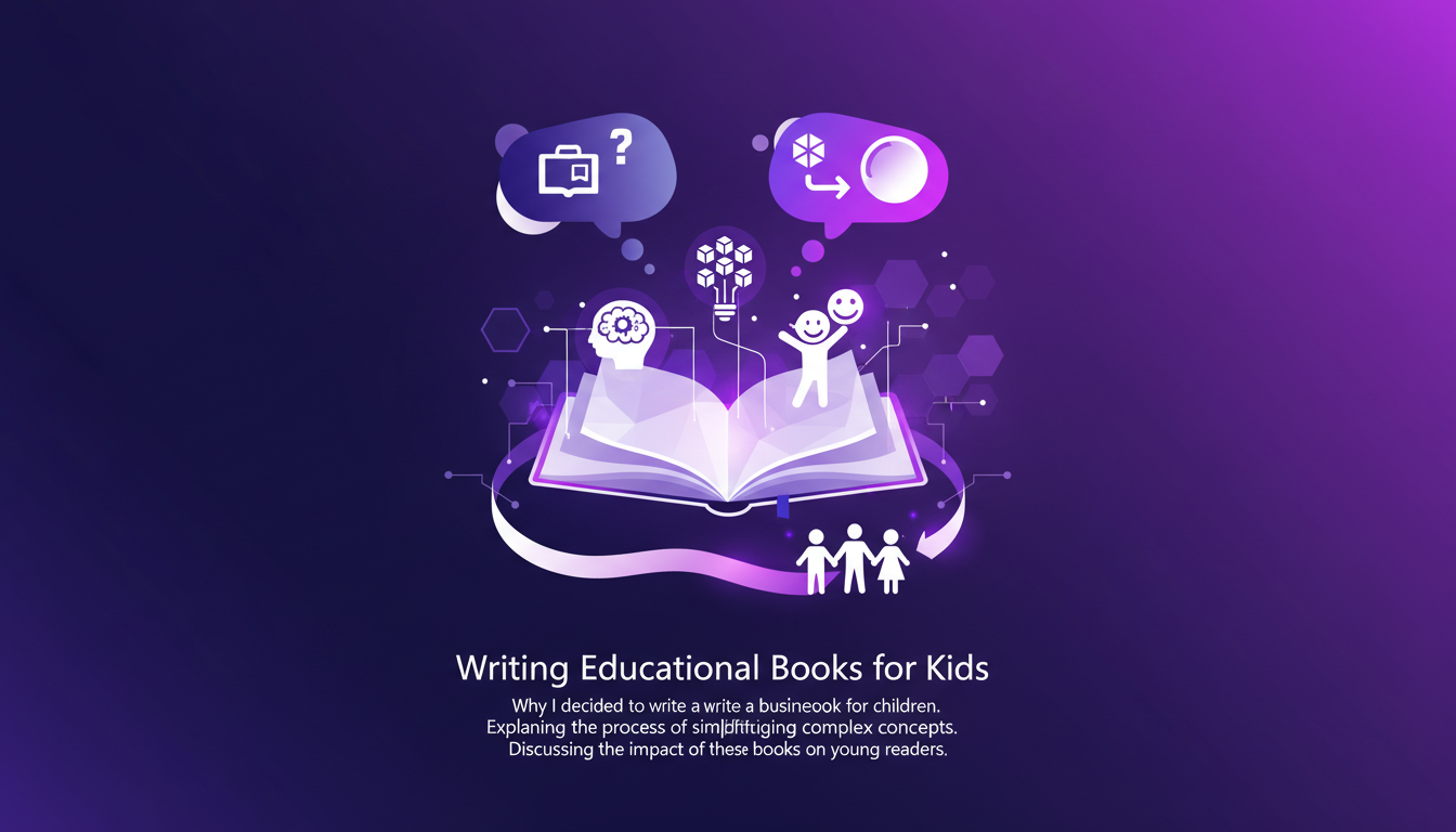 Illustration moderne sur l'écriture de livres éducatifs pour enfants, avec des concepts simplifiés et un impact positif sur les jeunes lecteurs.