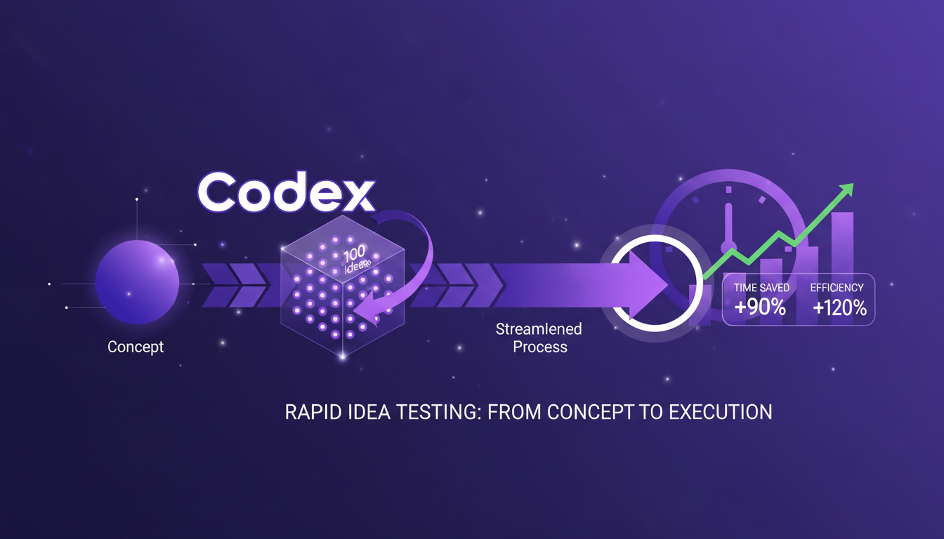 Modern illustration of rapid idea testing, showcasing an efficient process with Codex, using geometric shapes and gradient overlays.