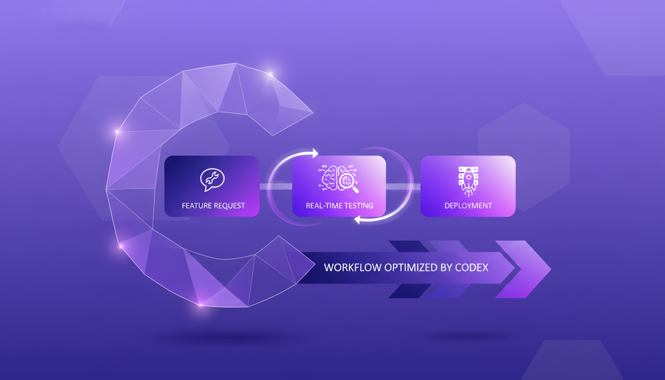 Modern illustration of real-time feature request implementation with Codex, showcasing workflow from request to deployment, in deep indigo and violet.