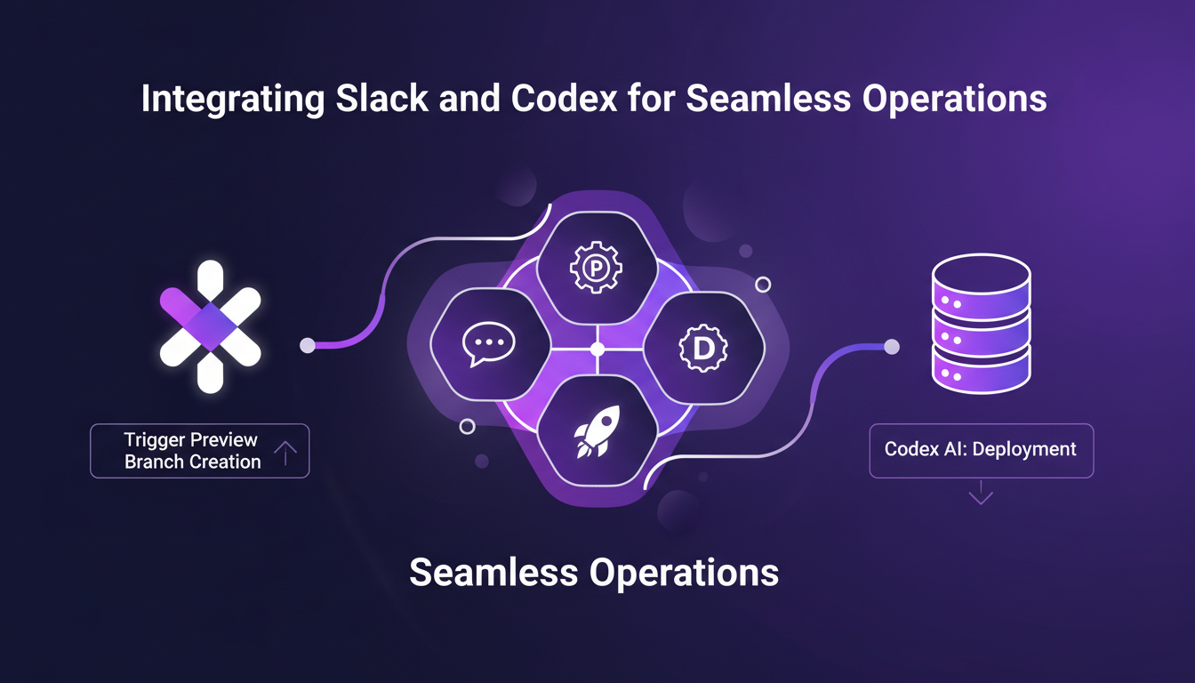 Modern illustration of integrating Slack and Codex for seamless operations, featuring geometric shapes and subtle gradient overlays.
