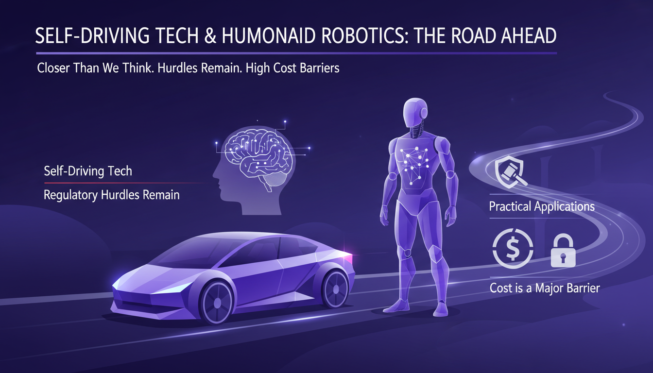 Illustration moderne de la technologie autonome et de la robotique humanoïde, avec des formes géométriques et des dégradés violets.