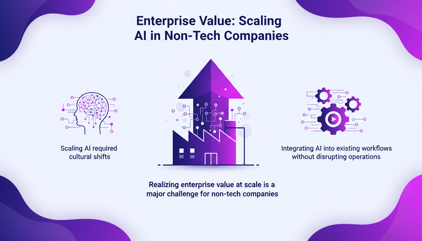 Illustration moderne et minimaliste de l'échelle de l'IA dans les entreprises non-technologiques, intégrant des formes géométriques et des dégradés.
