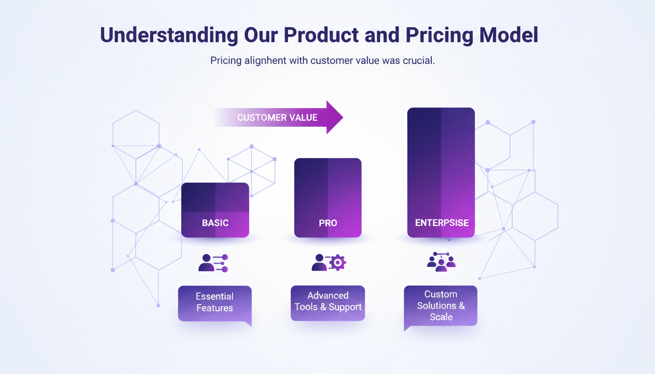 Modern illustration of our pricing model with three plans, customer value alignment, minimalist, AI technology focus.