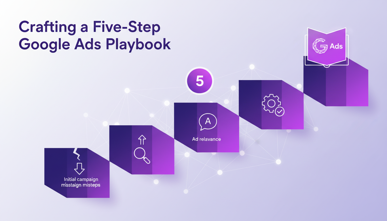 Modern minimalist illustration of a five-step Google Ads playbook, featuring geometric shapes and violet gradients, emphasizing strategy.