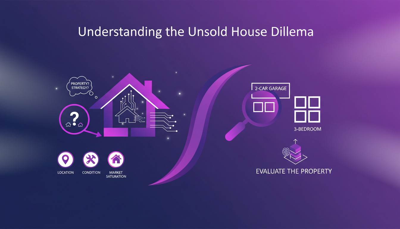 Modern illustration of the unsold house dilemma, featuring geometric shapes and gradients in indigo and violet hues.