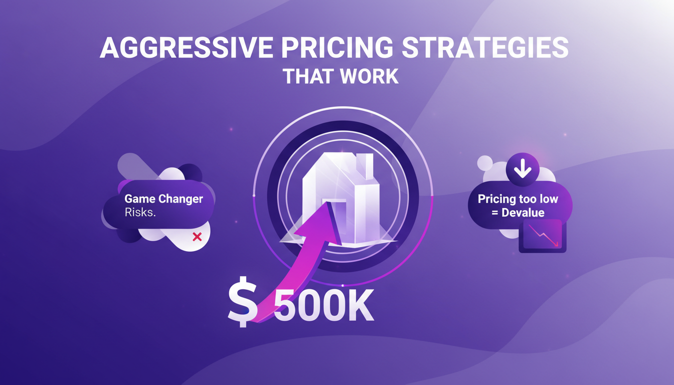 Modern illustration of aggressive pricing strategies with geometric shapes and gradients, in indigo and violet colors.