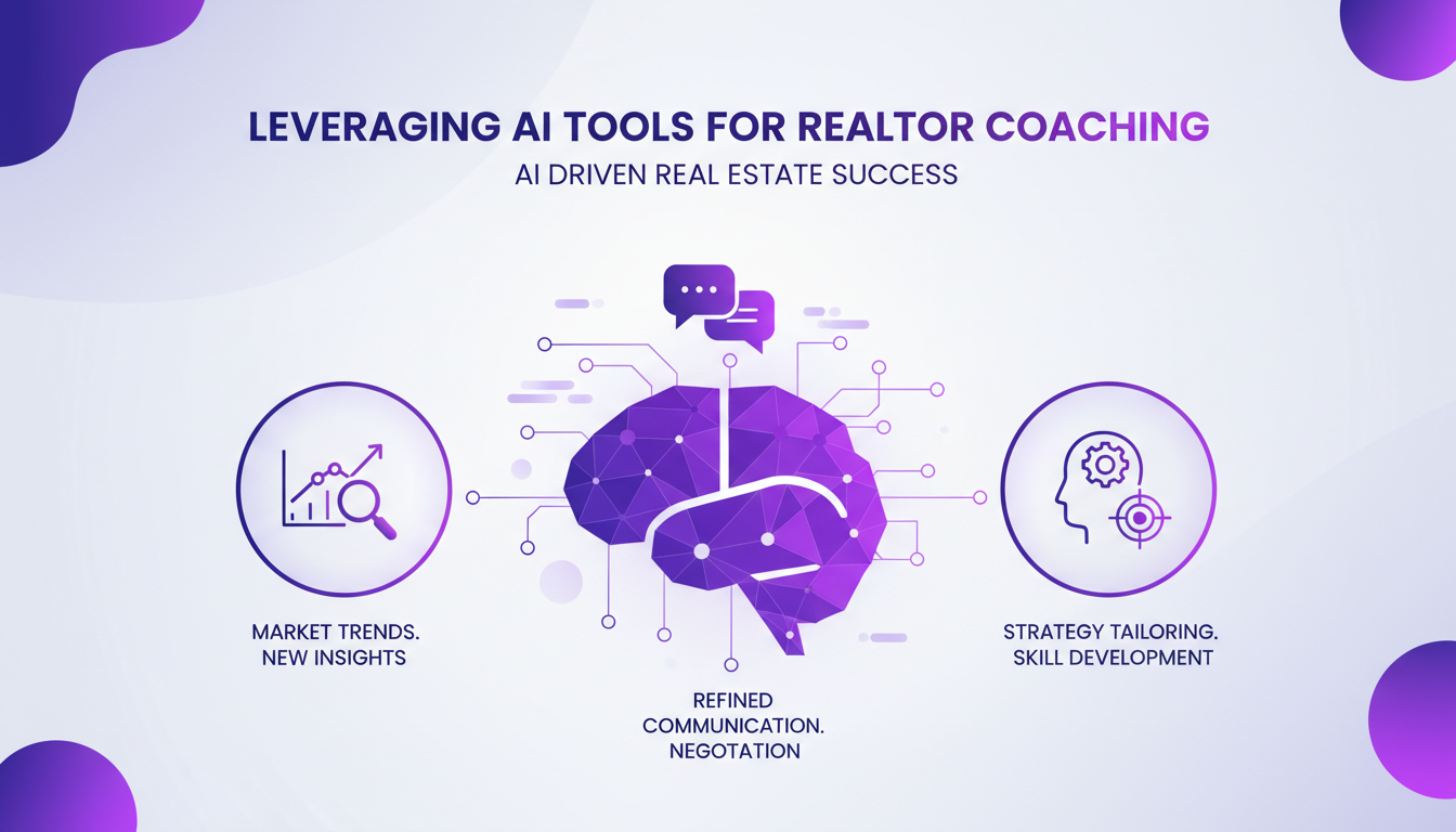 Modern illustration of leveraging AI tools for realtor coaching, featuring geometric shapes and indigo, violet color palette.