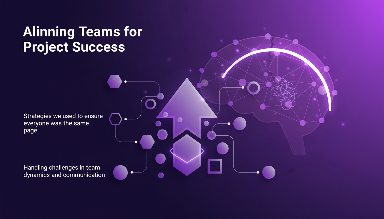 Illustration moderne de l'alignement des équipes pour le succès d'un projet, utilisant des formes géométriques et des dégradés indigo et violet.