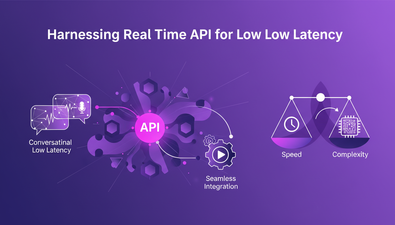 Illustration moderne minimaliste API temps réel, latence faible, intégration fluide, couleurs indigo et violet, formes géométriques.