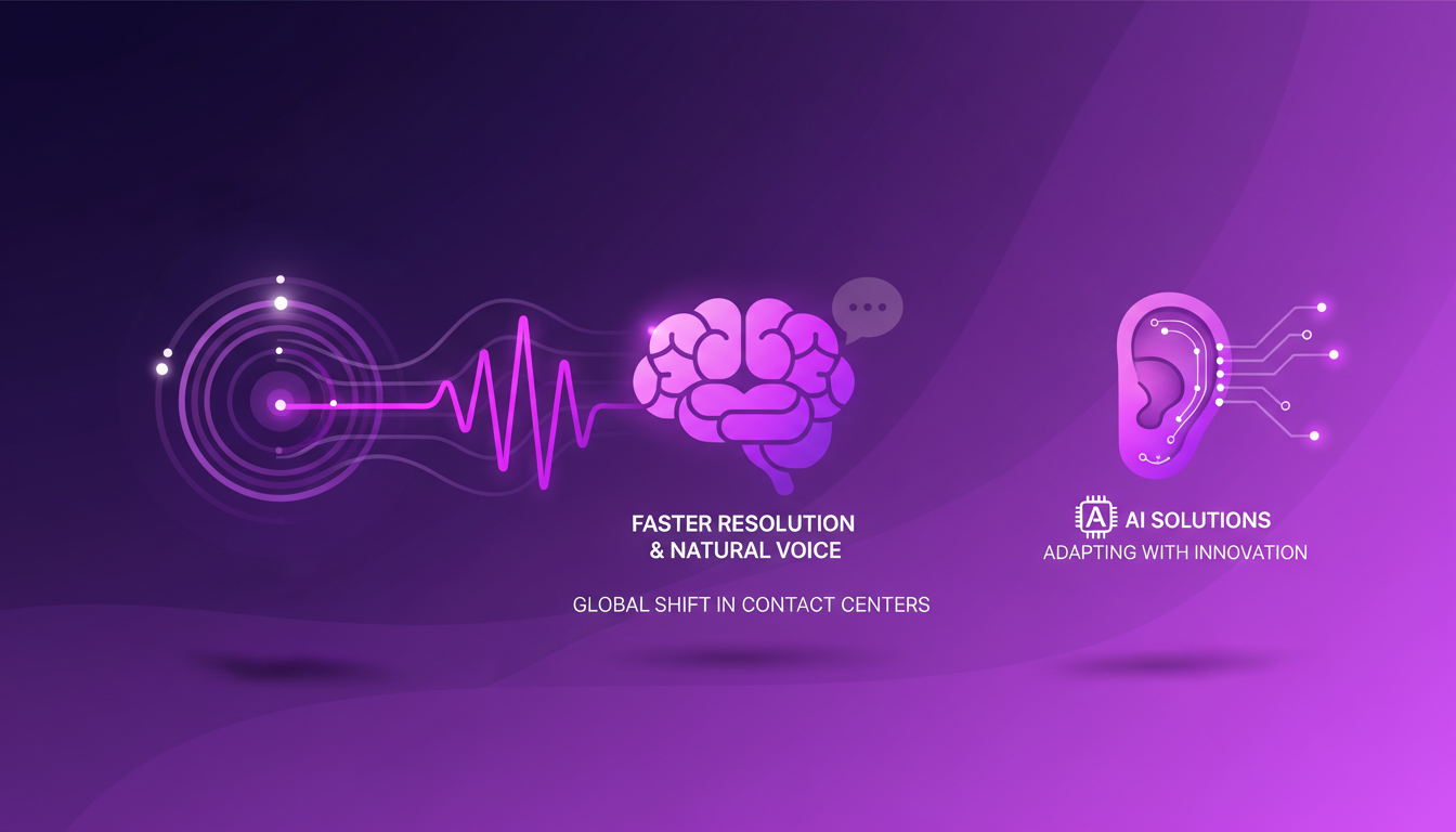 Illustration moderne sur l'évolution mondiale des centres de contact avec des tendances AI, formes géométriques et dégradés indigo-violet.
