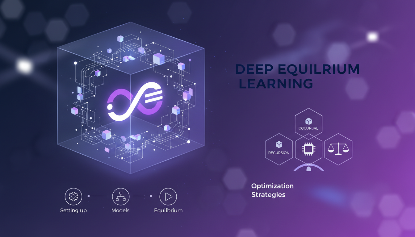Modern illustration of Deep Equilibrium Learning with geometric shapes and indigo-violet gradients, highlighting AI technology concepts.