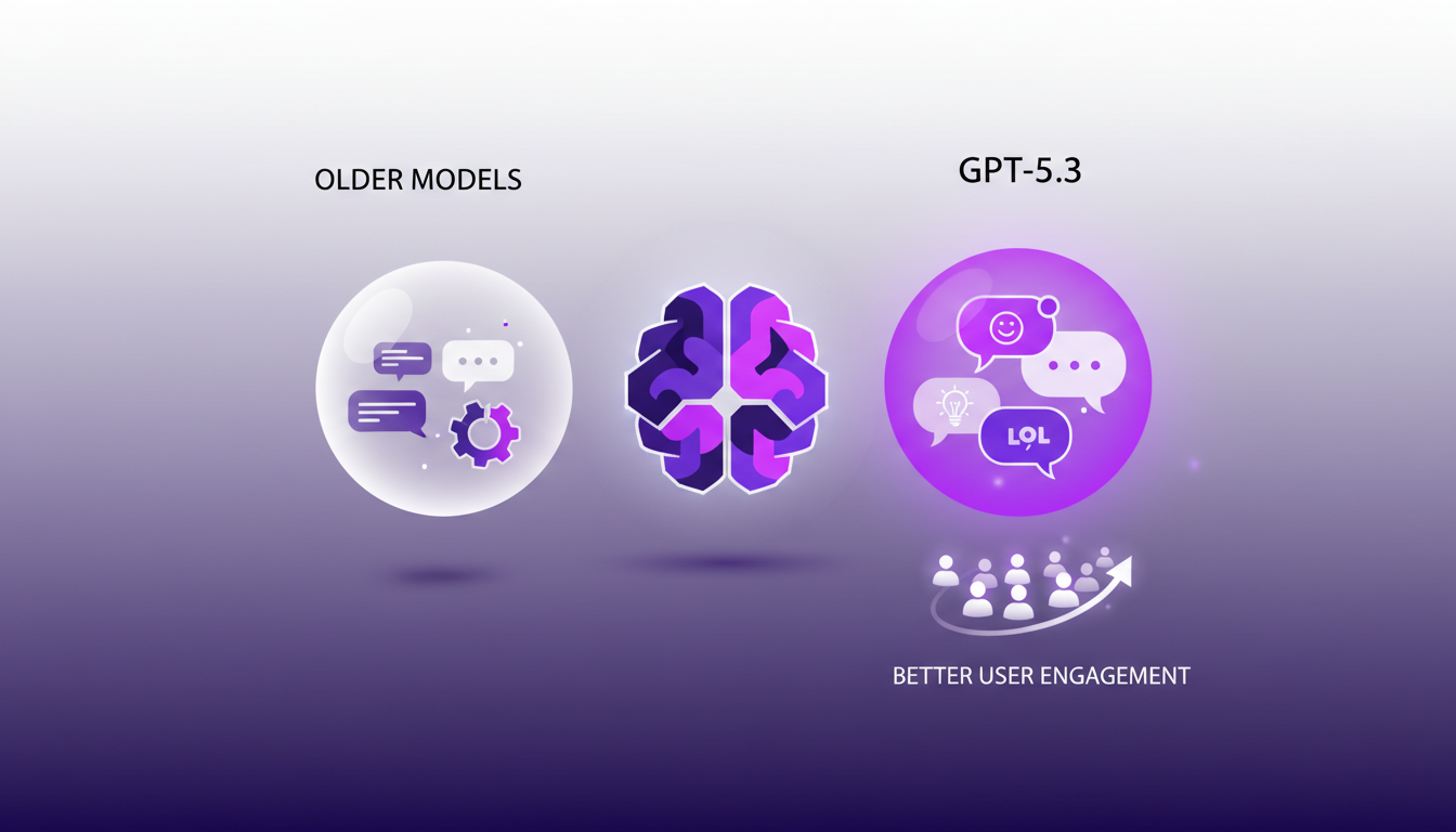 Modern illustration comparing GPT-5.3 to older models, highlighting its advancements in humor and user engagement.