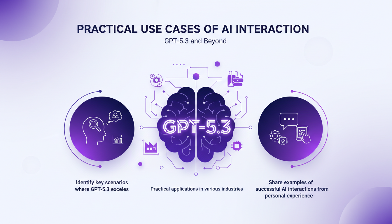 Modern illustration of practical AI interaction use cases with GPT-5.3, in a minimalist and innovative style.