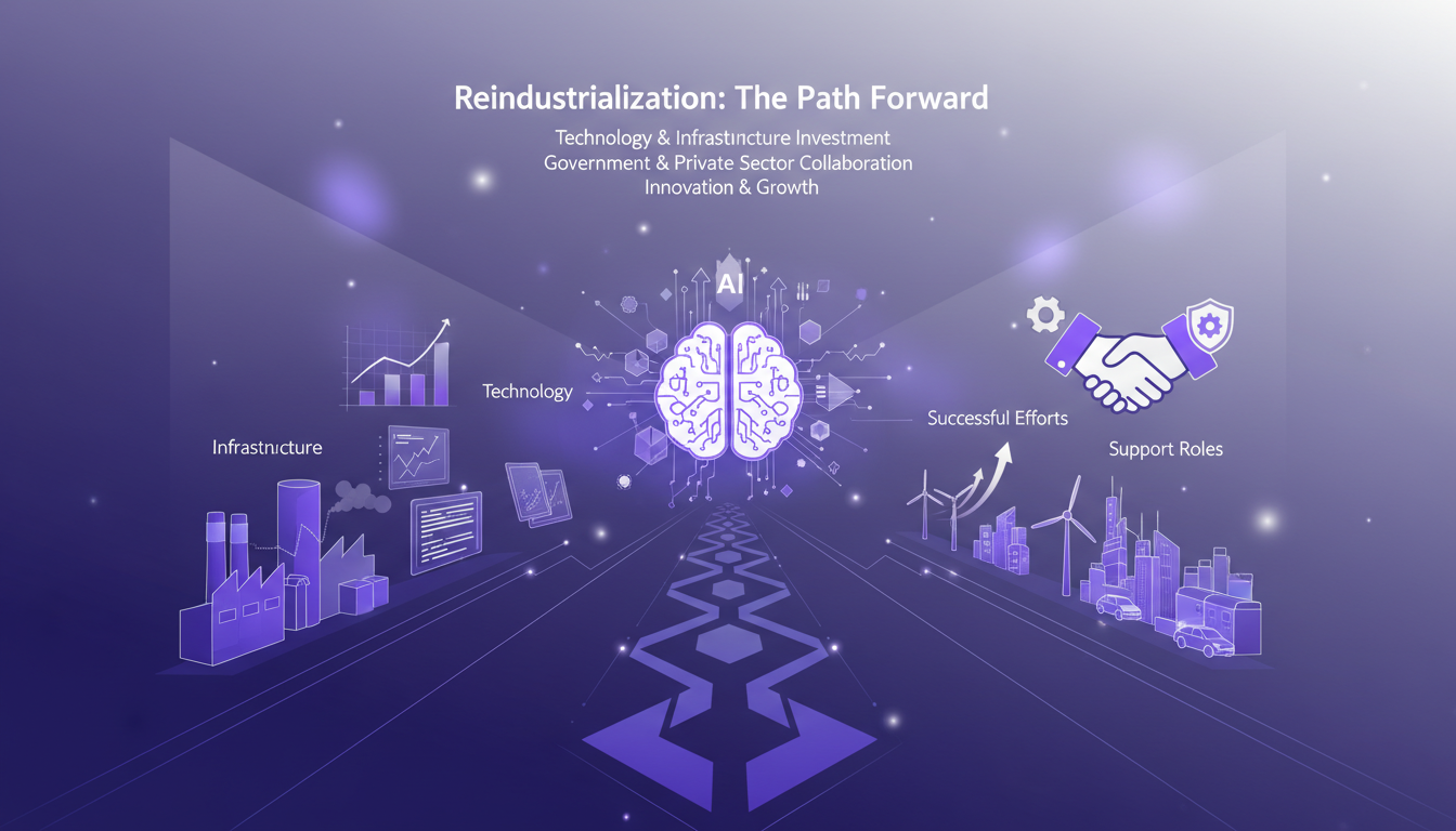 Modern illustration of reindustrialization with geometric shapes and gradients, symbolizing investment in technology and infrastructure.