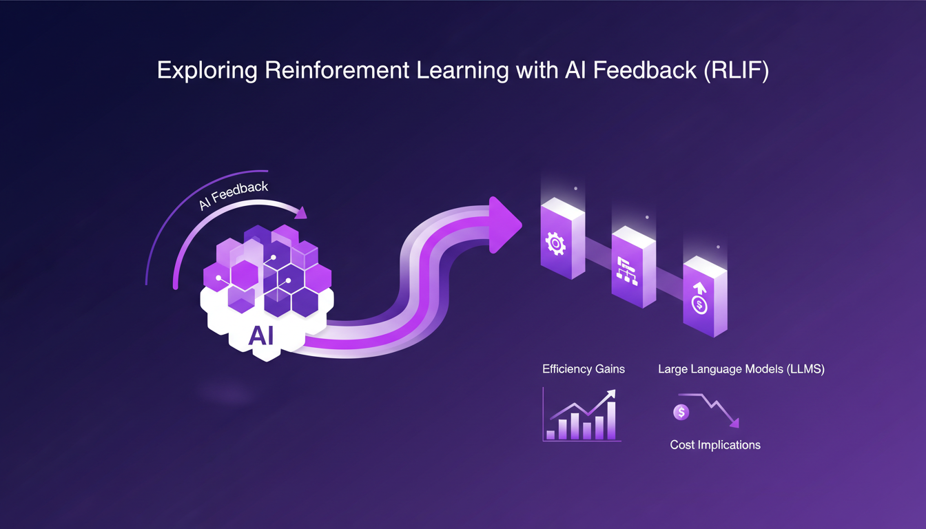 Modern illustration of reinforcement learning with AI feedback, integrating into LLM training, showcasing efficiency gains.